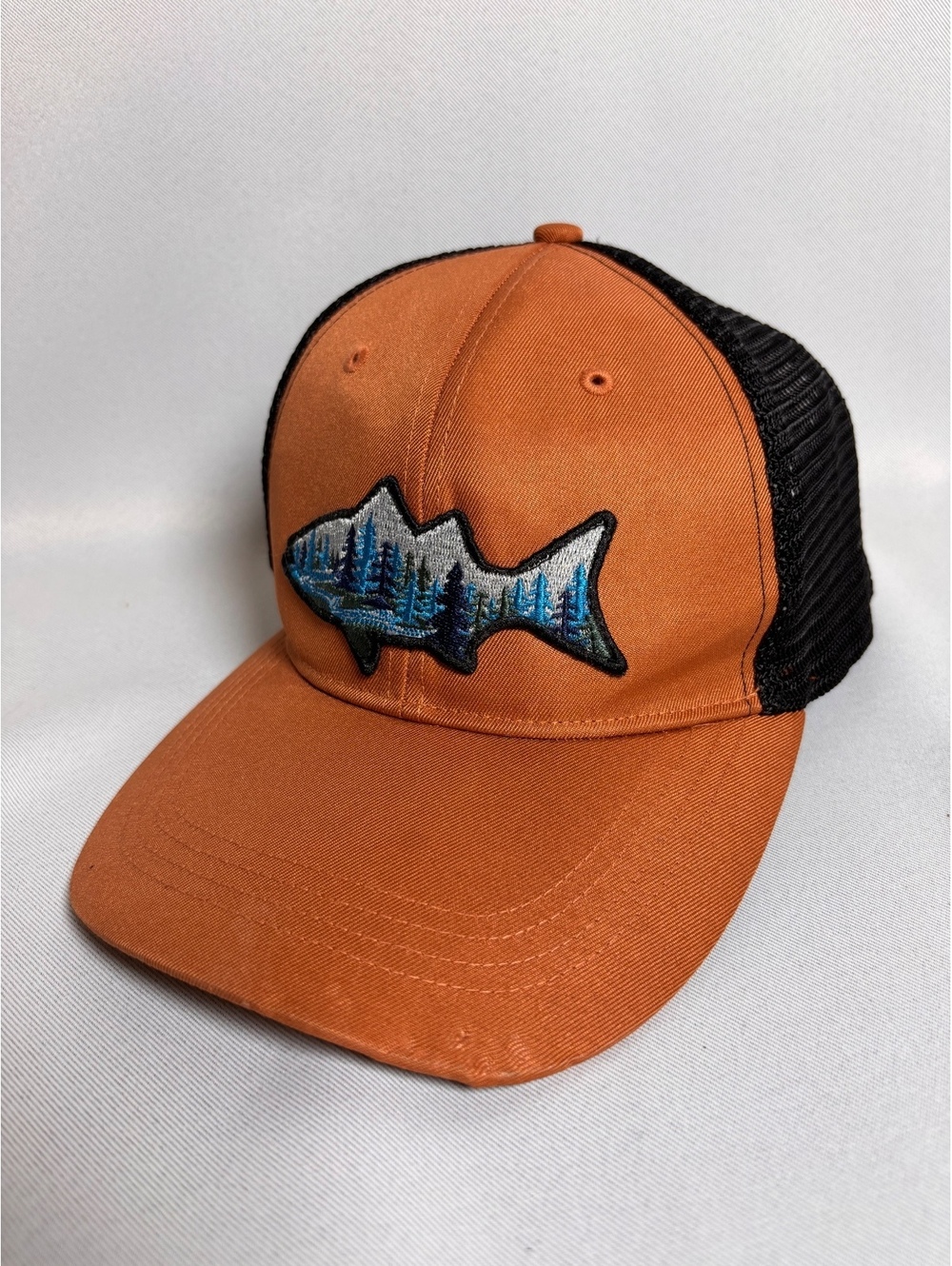 Telluride Clothing Company Orange and Black Trucker Hat with Fish Embroidery